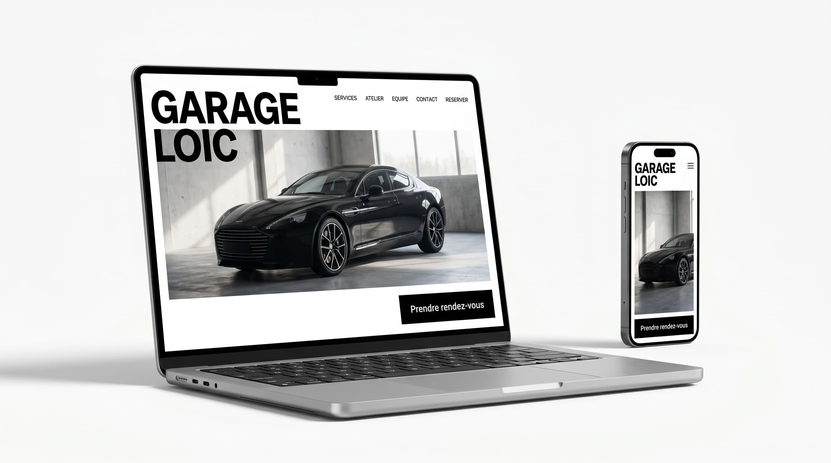 Site Garage Loïc Auto affiché sur ordinateur portable et smartphone — réalisation Scalina