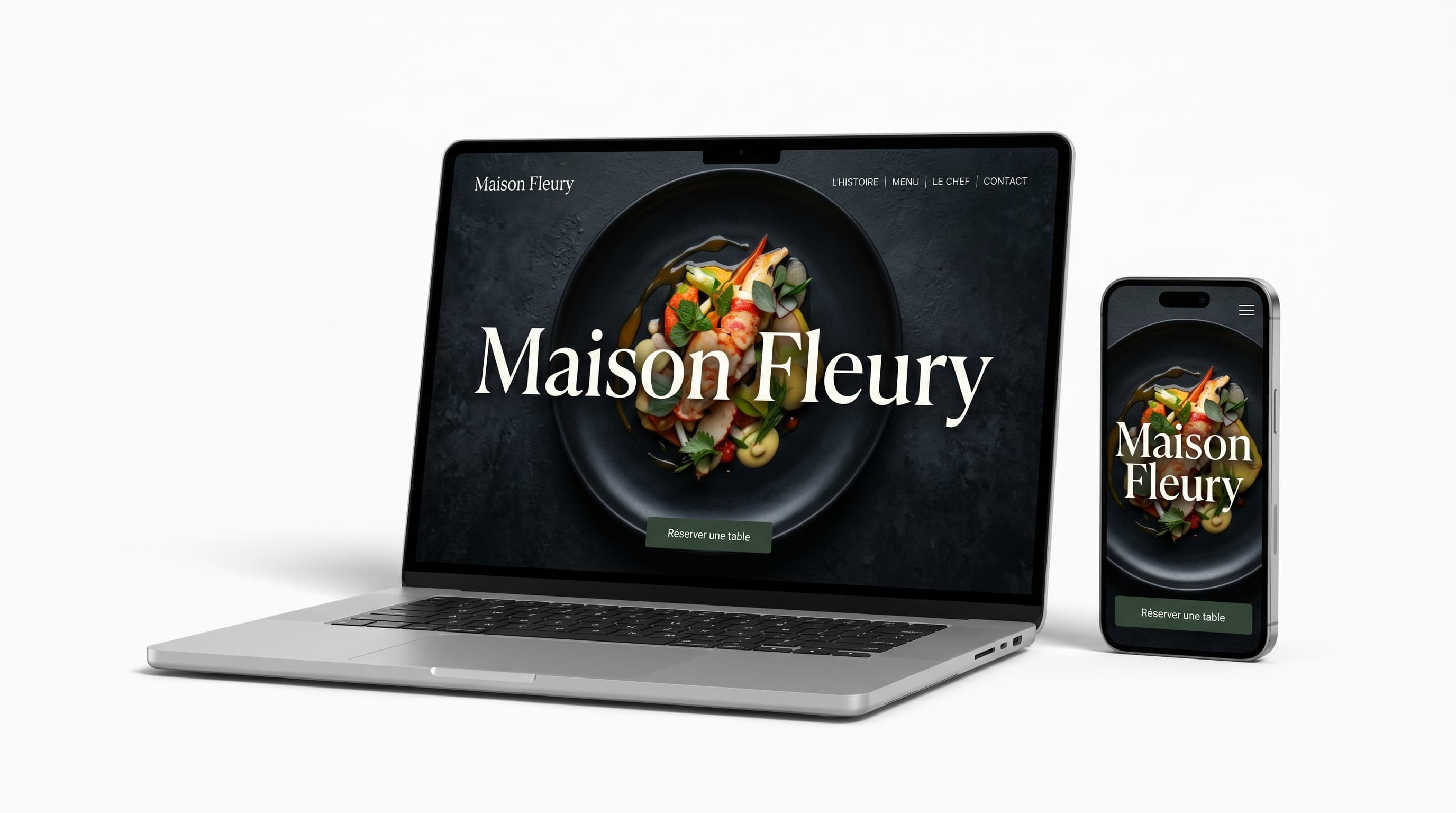 Site Maison Fleury, restaurant gastronomique, affiché sur ordinateur portable et smartphone — réalisation Scalina