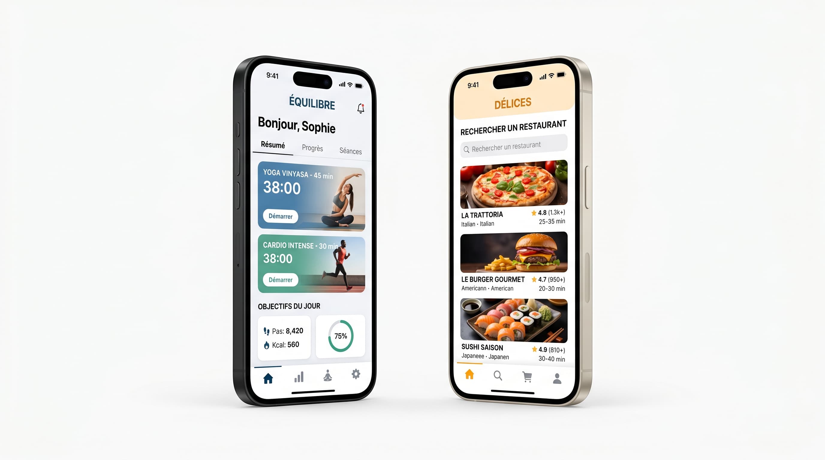 Mockups d'applications mobiles iOS et Android — réalisations Scalina